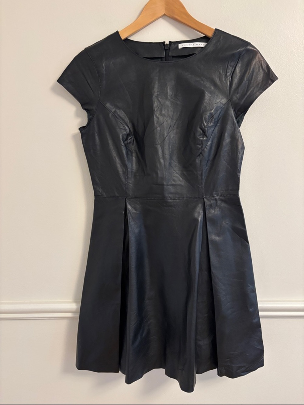 Black lamb leather Fit-and-Flare Mini Dress